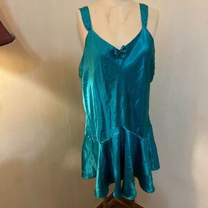 Vintage 80s GO SOFTLY Lingerie Teal SATIN Mermaid Ruffle Chemise Gown Plus 1x